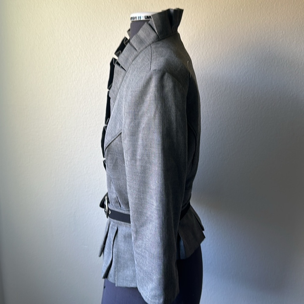 White House Black Market jacket herringbone blazer ruffled collar belt size 8 - Picture 4 of 11